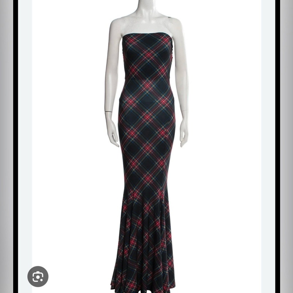 Norma Kamali Strapless Plaid Dress in Black and Red
